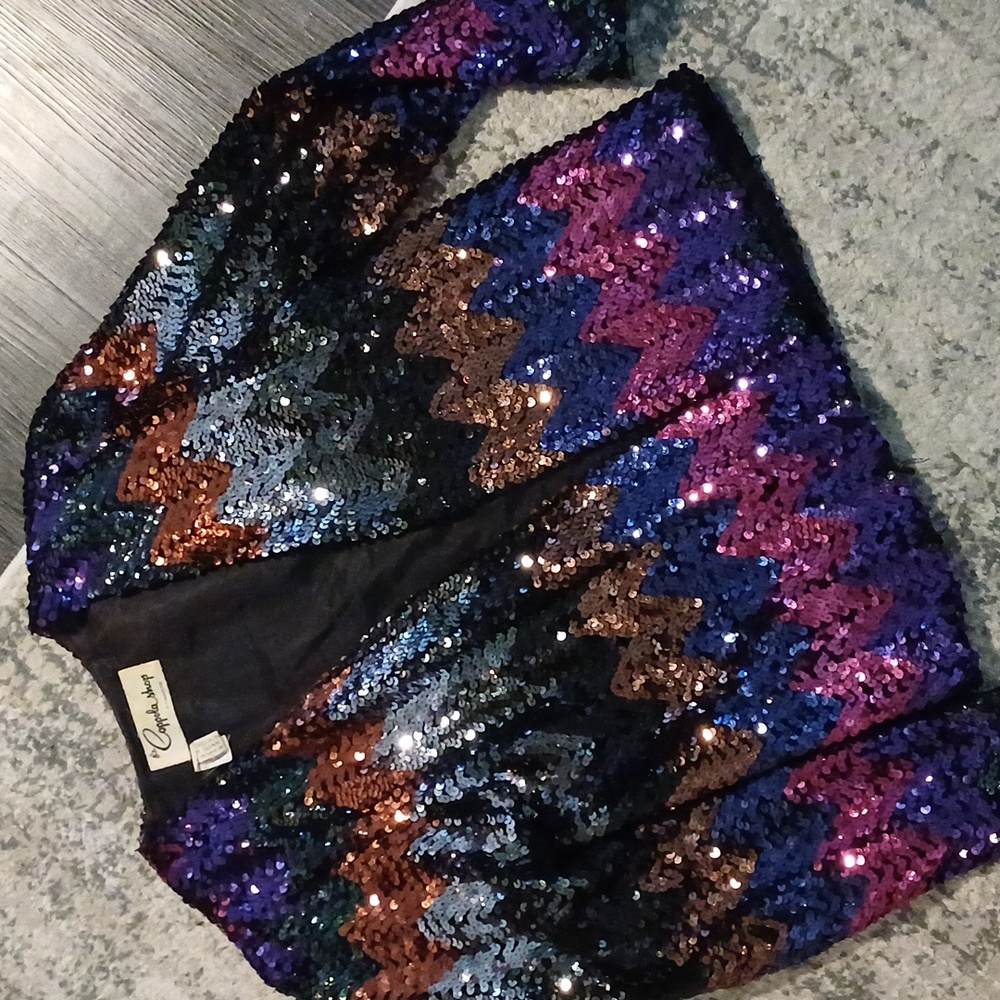 Coppola Shop vintage 70's sequin zig zag open cardigan jacket S M union made